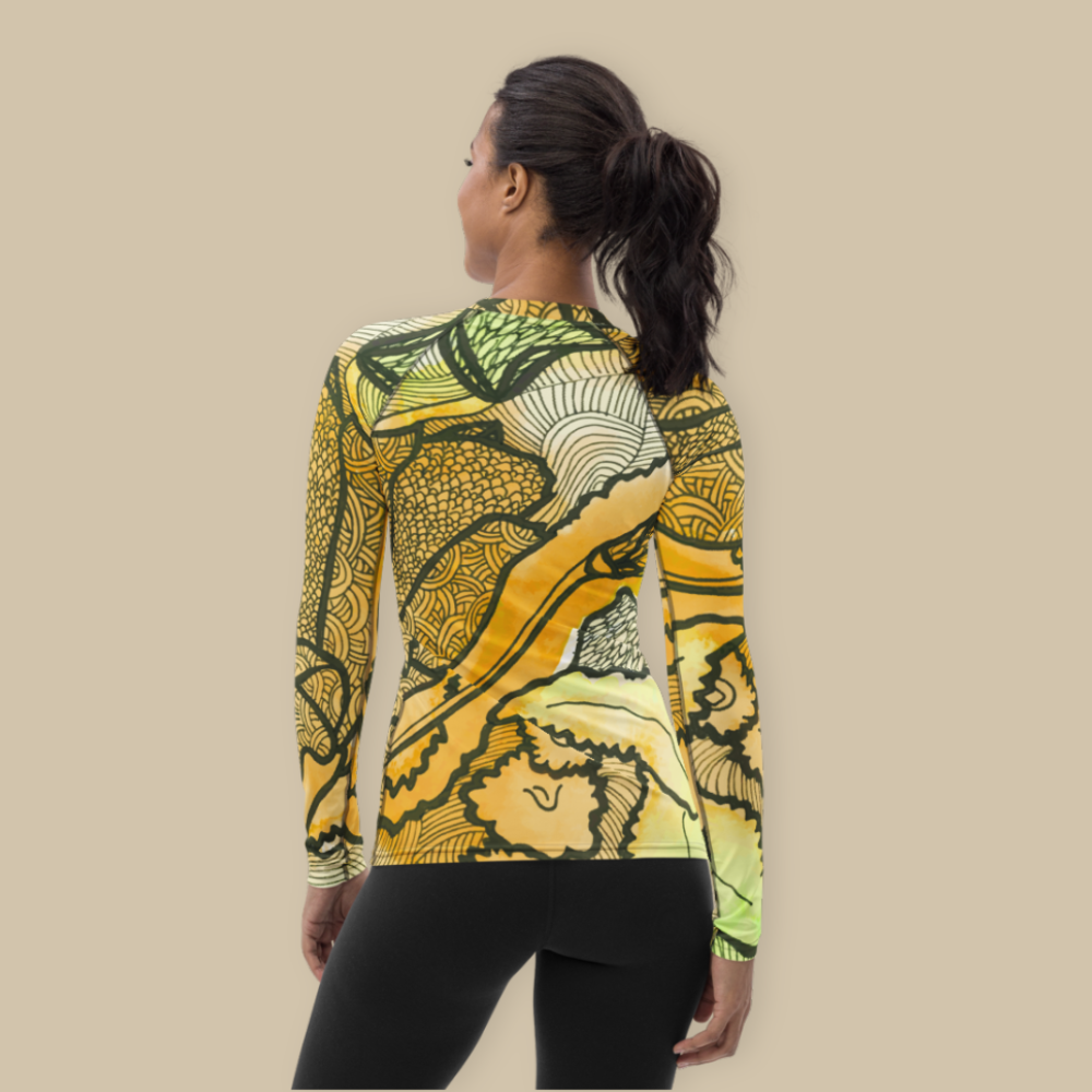 Women's Yoga Rash Guard - Yellow Zentangle Berkshire