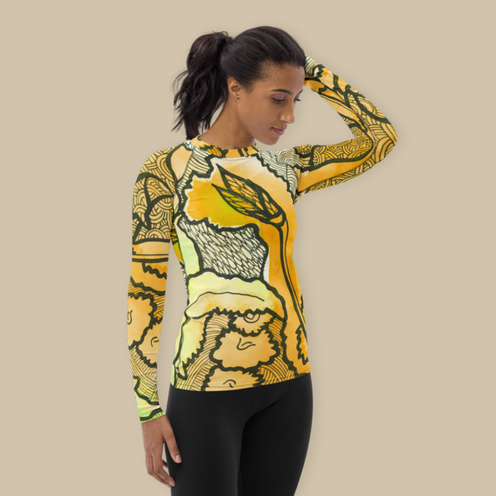 Women's Yoga Rash Guard - Yellow Zentangle Berkshire