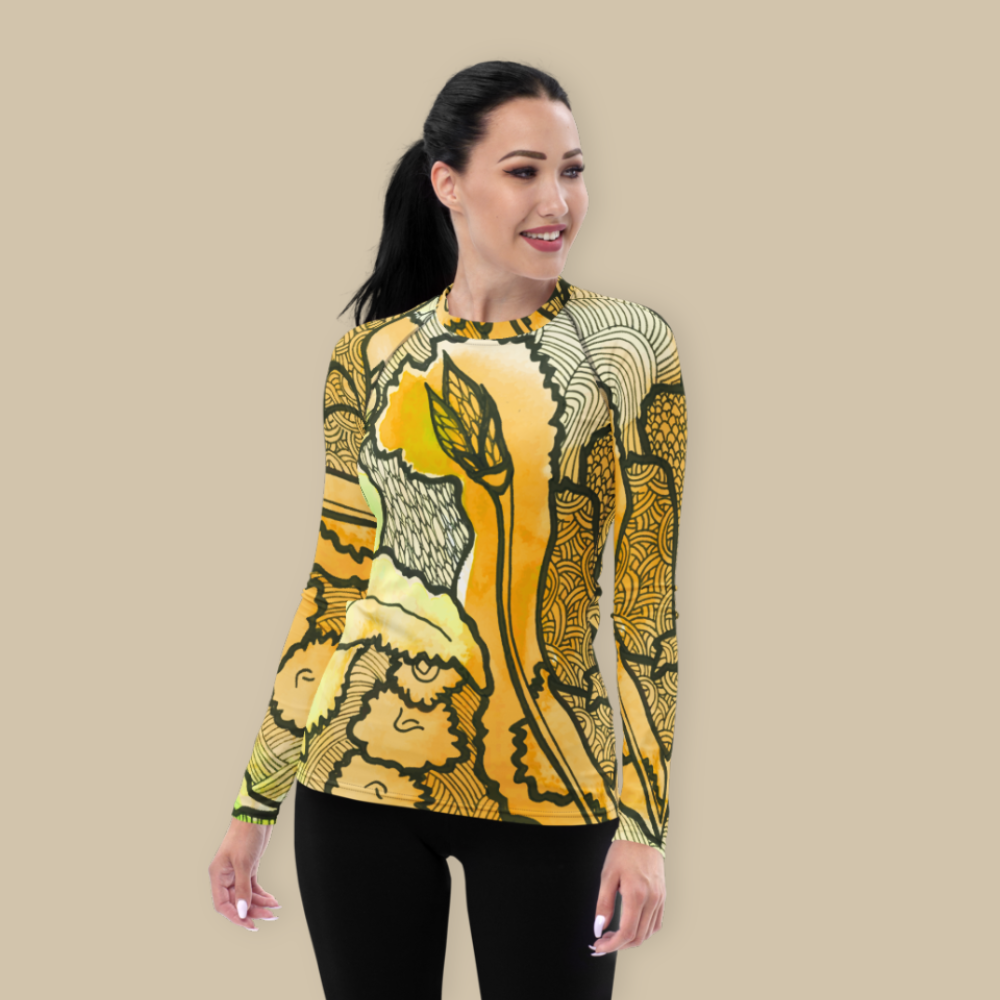 Women's Yoga Rash Guard - Yellow Zentangle Berkshire