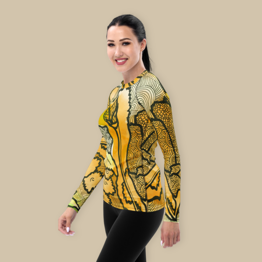 Women's Yoga Rash Guard - Yellow Zentangle Berkshire
