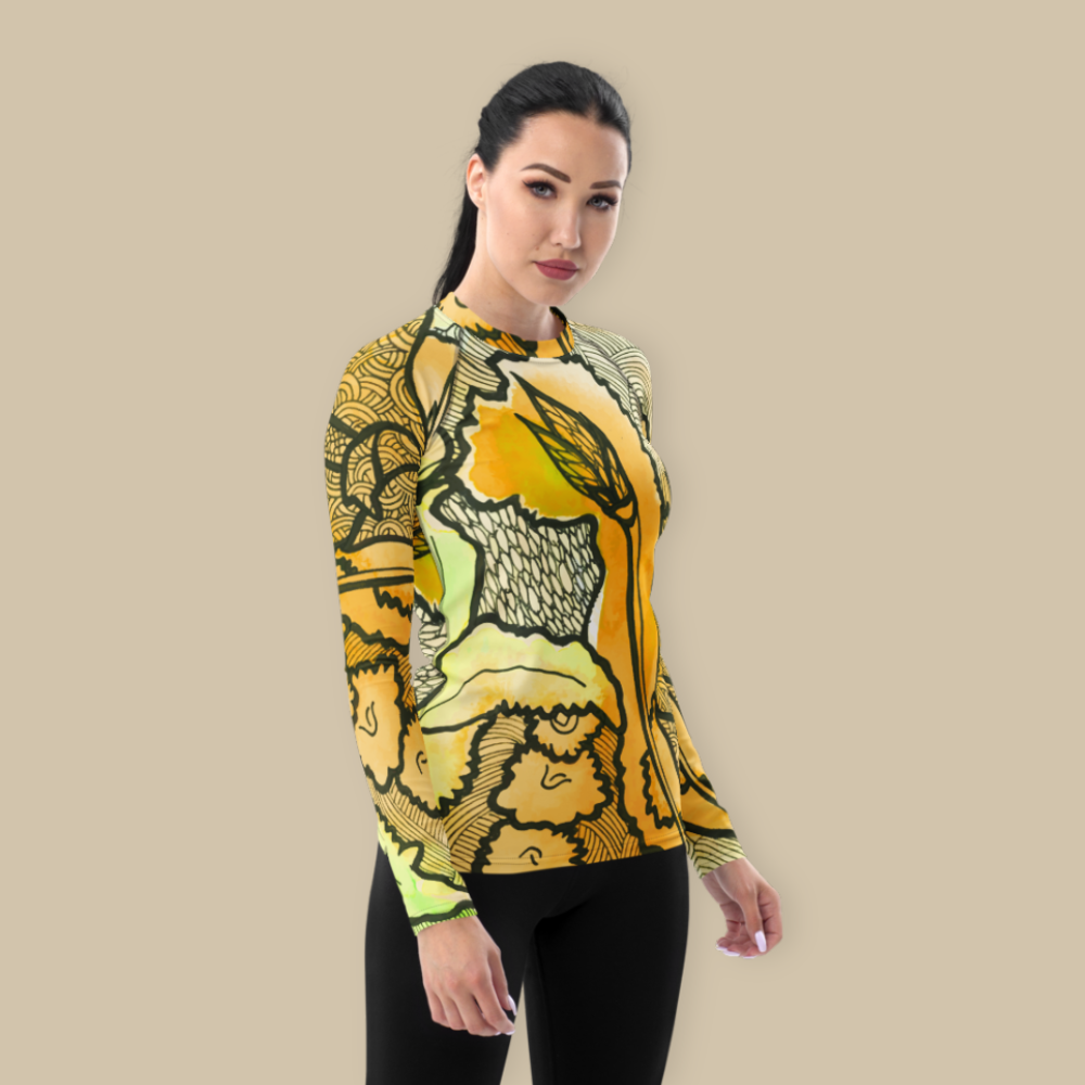 Women's Yoga Rash Guard - Yellow Zentangle Berkshire