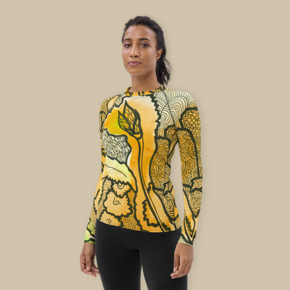 Women's Yoga Rash Guard - Yellow Zentangle Berkshire