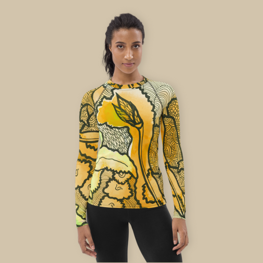 Women's Yoga Rash Guard - Yellow Zentangle Berkshire